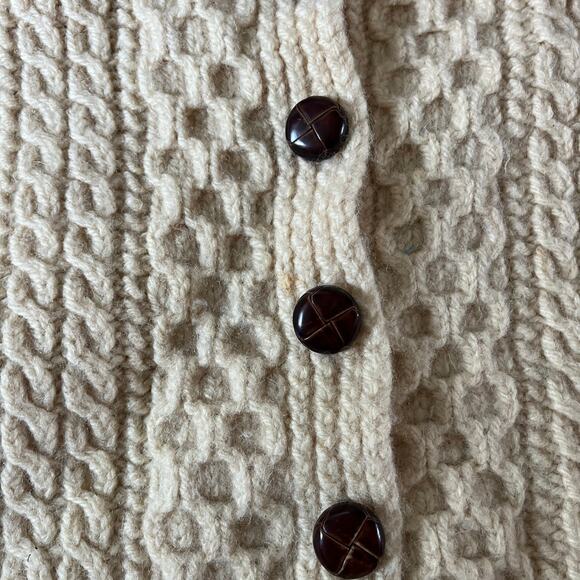 Cream 100% Wool Handknit Irish Fisherman Cardigan Sweater Wmns OS - Picture 6 of 10